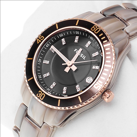 Fossil Stella Resin Rose Gold Crystal Ladies Watch - Picture 1 of 13